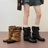 Botas Cortas de Tacón Grueso con Punta Redonda para Mujer 2026 Otoño Nuevas Botas de Mezclilla Plisadas con Remaches y Hebilla de Cinturón Botines de Verano para Mujer
