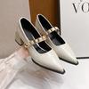 Zapatos Mary Jane de Punta Nueva Moda 2025 para Mujer, Zapatos de Salón Elegantes con Correa de Cadena y Tacón Grueso Poco Profundos, Zapatos de Cuero Versátiles de Correa Única