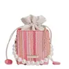 Bolso de Cubo de Paja con Perlas Estilo Dulce para Mujer Bolso de Verano 2025 Nuevo Bolso de Hombro de Color Contrastante Bolso Cruzado de Moda