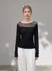 Nuevo top popular de moda con estilo para principios de otoño, con un diseño único, camiseta de manga larga de malla negra con retazos para mujer