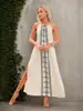 Vestido Longo de Verão Novo Cruzado Europeu e Americano Shein para Mulheres, com Fenda Alta, Gola Halter, Amarração nas Costas, Costas Abertas, para Férias