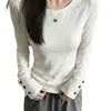 Top Base de Manga Longa com Gola Redonda Estilo Coreano para Mulheres Início do Outono Slim Fit Botão nos Punhos Valorizador Camada Interna Elástica