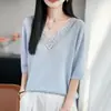 Camiseta de Punto Francesa con Cuello en V, Corte Cut-Out y Mangas Cortas para Mujer, Camiseta de Verano de Mangas Cortas Color Albaricoque, Camiseta Casual Ligera y Holgada