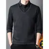 Suéter de felpa grueso con solapa, estilo dos piezas falsas, para otoño e invierno, para hombre, casual y cálido, adecuado para padres de mediana edad, camiseta base de punto