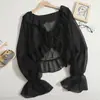 Abrigo de gasa con volantes y protector solar, chal, falda con tirantes para mujer, blusa exterior, cárdigan con mangas acampanadas, abrigo corto