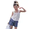 Ropa Infantil Conjunto para Niñas: Top de tirantes de punto y shorts a cuadros, Talla 26, Ropa nueva de verano de comercio exterior, Suministro de fábrica