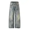 Jeans de Pierna Recta de Mezclilla Lavada con Textura Retro Americana para Hombres y Mujeres, Elegantes Pantalones Sueltos Versátiles de Pierna Ancha Rasgados de la Calle