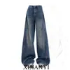 Jeans Americano Retrô de Perna Larga para Mulheres, Primavera e Verão, Tamanho Plus, Cintura Alta, Casual, Comprimento Total, Reto, Calça Solta