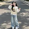 Camisa Informal Estilo Coreano Dulce Linda Cuello de Muñeca Chaleco de Oso Personalidad de Moda Jeans Conjunto de Tres Piezas Primavera y Otoño
