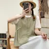 Verano 2025 Nuevo Estilo para Mujer Chica Mori Cuadros Cuello Redondo de un Solo Botón Holgado Sin Mangas Camisa Chaleco Chaleco de Mujer