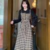 Falda Larga Retro de Cuadros Falsa de Dos Piezas para Mujer Estilo Coreano Preppy Moda de Primavera y Otoño Versátil Vestido Camisa Reductor de Edad
