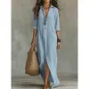 Nova Moda Feminina Transfronteiriça: Design de Gola Lisa de Cor Sólida, Vestido Longo com Fenda Frontal, Casual e Confortável, Elegante Vestido Longo