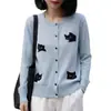 Nuevo cárdigan de punto fino de lana para Otoño/Invierno 2026 para mujer, cuello redondo, manga larga, jacquard de gato, corte holgado, top versátil