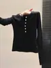 Camiseta de Manga Larga con Cuello Henley Abotonado Estilo Bm para Mujer, Otoño/Invierno/Primavera, Cachemira Sintética, Corte Ajustado, Top Elástico, Ropa Interior