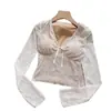 5303# Puro Deseo Cuello en V Encaje Patchwork Sexy Temperamento Camiseta de Manga Larga para Mujer Primavera Otoño Corte Delgado con Almohadillas en el Pecho Top de Capa Base