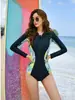 Traje de baño de una pieza para mujer, Traje de surf, Camiseta de manga larga con protección solar, Traje de snorkel, Traje de buceo con estampado, Ajustado, Estilo europeo y americano