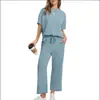 Conjunto europeo y americano transfronterizo de mujer de manga corta: camiseta de cuello redondo con hombros caídos y pantalones rectos con cordón, conjunto casual de dos piezas