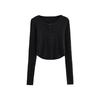 Outono Irregular Curvo Bottom Top Gola Redonda Fivela Meia Aberta Elástico Fino Cor Sólida Camiseta de Manga Comprida para Mulheres