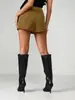 Pantalones cortos retro de gamuza populares transfronterizos europeos y americanos para mujer, de cintura alta, diseño plisado, pantalones cortos ajustados casuales con estilo y bolsillos