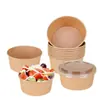 Caja de Embalaje Redonda Desechable de Papel Kraft con Tapa Espesada Personalizada Caja para Llevar Comida Rápida Tazón para Ensalada Caja de Picnic