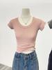Camiseta de Verano Amarilla Brillante con Cuello en U, Hombro Descubierto, Manga Corta, para Mujer, Corte Ajustado, Adelgazante, Top Básico Coreano para Viajar