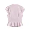Camisa de otoño a rayas con volantes y manga corta para mujer, estilo europeo y americano 12698
