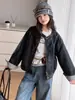 Chaqueta de Cuero para Niñas 2026 Otoño Nuevo Vintage Patchwork Cuadros Abrigo tipo Cárdigan para Niños Mayores