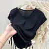Suéter de Punto de Seda Helada de Manga Corta para Mujer para Verano Nuevo Estilo Francés Diseño de Clavícula Cordón Cintura Ajustada Cuello en V Top Coreano para Mujer