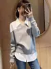 Moletom feminino falso de duas peças com gola de camisa e design em blocos de cor, top estiloso e versátil para mulheres, novo modelo outono 2026 A13860