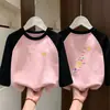 Camada Base Infantil Térmica Casual Roupa Íntima Patchwork Manga Longa Camiseta Gola Redonda Meninas Roupas Quentes de Outono Top Escovado