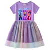 Vestido de Princesa com Lantejoulas Arco-Íris e Malha para Meninas, Manga Curta de Verão, Manga Longa Primavera-Outono, Grupo Kpop Hunter Girl
