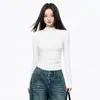 Camiseta Térmica Base de Manga Raglán Gris de Cuello Medio Alto para Mujer Otoño/Invierno Nuevo Estilo Básico Color Sólido Ajuste Delgado Versátil