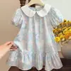 Vestido de Verão para Meninas, Moda Infantil Tendência Marca Pintura a Óleo Floral Gola Boneca Manga Bufante Vestido Princesa para Bebês