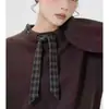 Suéter Pulóver Gris 2026 para Mujer Diseño a Cuadros con Lazos Cuello Redondo Holgado Hombros Caídos Top de Punto Atmósfera Otoño/Invierno