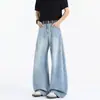 Calça jeans masculina com barra curva e estampa de bambu lavada, calças largas estilo retro americano para outono, calças casuais retas