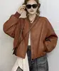 Chaqueta de cuero PU de alta resistencia con cremallera única y mangas apiladas estilo influencer para mujer, chaqueta de béisbol de alta gama para primavera y otoño