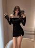 Vestido de un solo hombro para mujer, corte ajustado, con lentejuelas, manga larga, que se ajusta a la cadera, falda corta, sexy, nuevo, negro