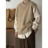 Chaleco suéter de punto casual de cuello en V, ajuste holgado, estilo japonés para otoño e invierno, color sólido retro, unisex, adecuado para parejas, tanto para hombres como para mujeres