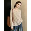 Top de punto de ganchillo hueco con cuello en V de manga larga para mujer 2026 Otoño Talla Grande Cubre-sol Exterior para Chicas con Curvas