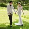 Estilo Francés Vestido de Novia Ligero Tirantes Cintura Ceñida Cola de Pez Satén Simple Alta Gama Estilo Coreano Cola Pequeña Vestido de Noche Blanco Sesión de Fotos de Viaje