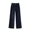 Pantalones de mezclilla azul personalizados de pierna ancha para mujer, nuevo estilo verano 2026, de cintura alta, finos, color oscuro, vintage, talla petite