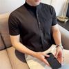 Fw10488 2025 Chaqueta Camisa de Rayas Oscuras con Cuello Alto Casual Algodón Puro Manga Corta Ropa de Negocios Casual Sin Planchar