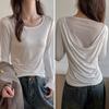 Camiseta Blanca de Malla de Manga Larga Cuidadosamente Seleccionada para Mujer a Principios de Otoño con Sentido del Diseño para Usar por Dentro y por Fuera Hombro Derecho Cuello Redondo Camiseta Básica Superior