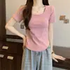 Una generación de algodón de hilo de verano chica regordeta talla grande 200 kg cuello cuadrado manga corta camiseta mujer costura slim capa base