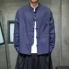 Nueva camisa de otoño para hombre estilo chino con cuello mao, top holgado de color liso con botones, camisa casual de manga larga estilo tradicional talla grande