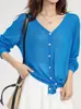Cardigan de Tricô Falinda Studio Estilo Coreano Azul Klein com Decote V para Proteção Solar de Verão para Mulheres