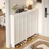 Zapatero estilo crema con puerta abatible para entrada de casa, mueble de recibidor integrado, ahorra espacio, ultradelgado, zapatero de múltiples niveles