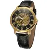 Reloj Mecánico Manual de Moda Retro Transparente Calado para Hombre Forsining con Correa Negra, Caja Dorada y Esfera Blanca