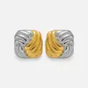 Brincos Dazan Bicolor Dourado e Prateado em Aço Titânio Banho de Ouro 18K com Padrão Geométrico Quadrado Estilo Intelectual e Elegante