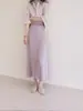 Guangzhou Treze Linhas Alta Qualidade ~ Roxo Claro Padrão Escuro Cetim Enrugado Fosco Manga Longa Camisa Chique Top Suave Elegante